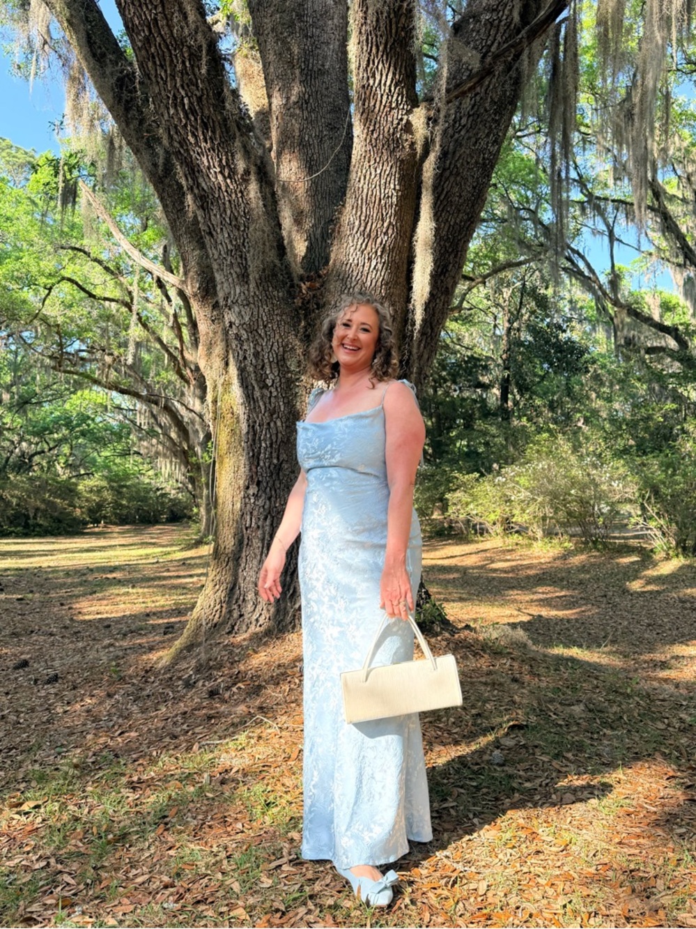 Light Blue Floral Satin Maxi Dress with Tie Straps